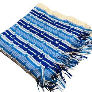 Handmade Blue & White Geometric Crochet Blanket With Fringes 43x74" Grannycore
